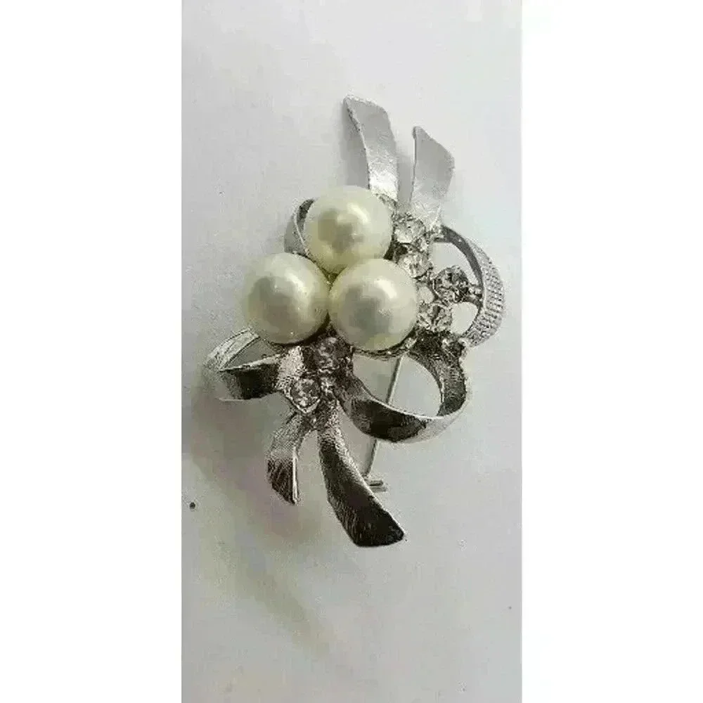 Vintage Brooch Faux Pearl Cluster & Rhinestone Ribbon & Bow Silver